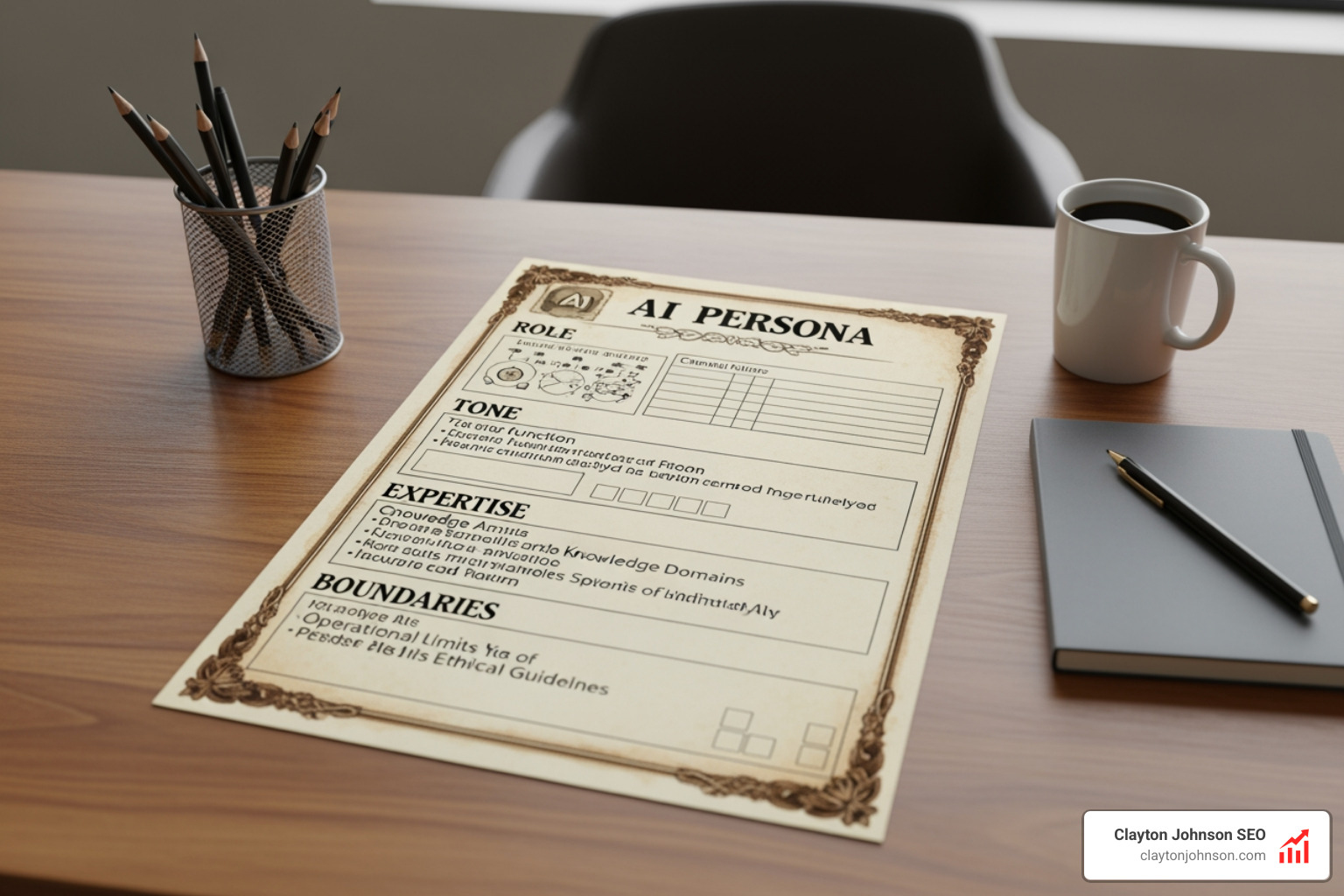 A detailed character sheet for an AI persona including role, tone, expertise, and boundaries - gpt ai persona prompts