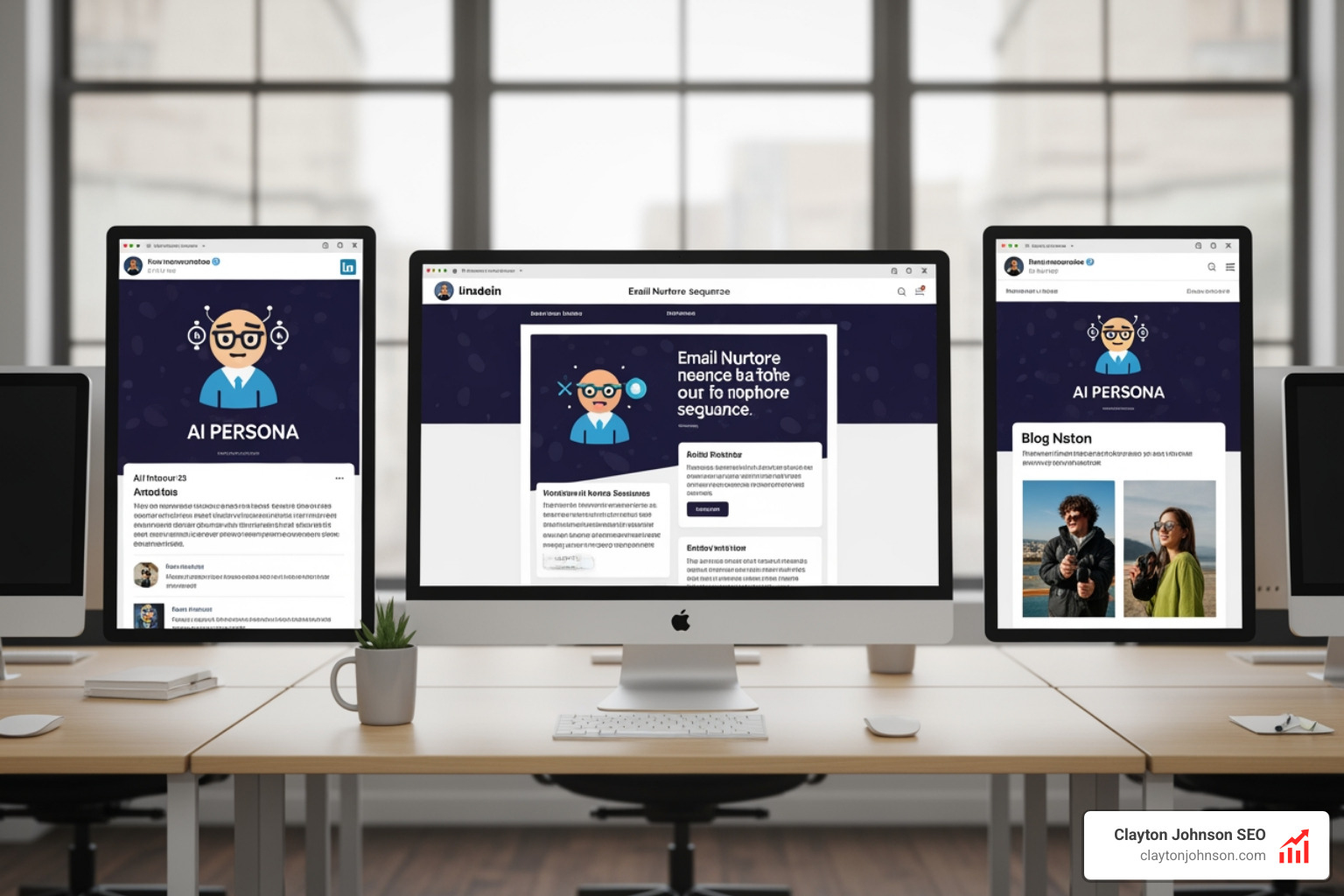A visual representation of consistent brand voice across LinkedIn, Email, and Blog platforms using AI personas - gpt ai persona prompts