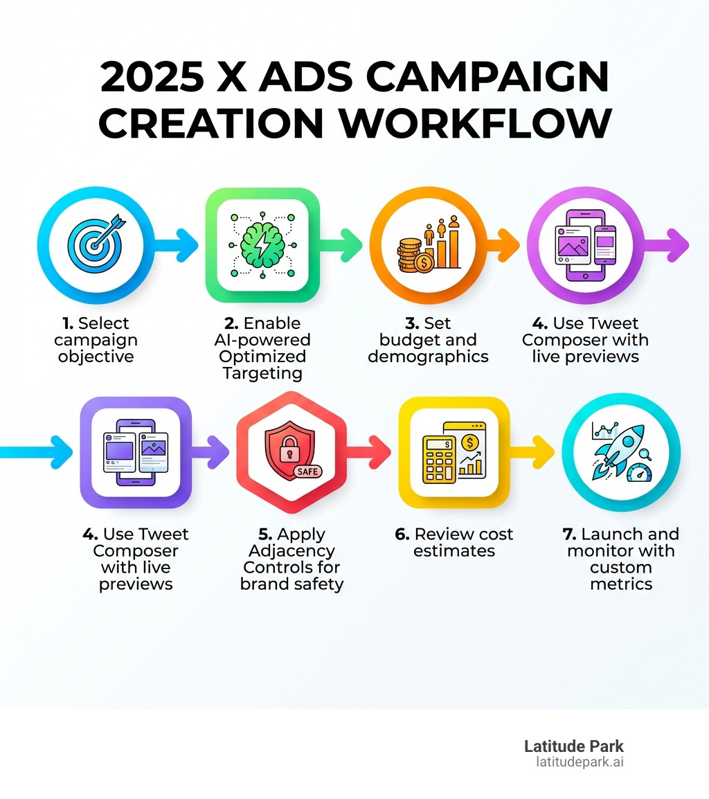Infographic showing the 2025 X Ads campaign creation workflow: 1. Select campaign objective, 2. Enable AI-powered Optimized Targeting, 3. Set budget and demographics, 4. Use Tweet Composer with live previews, 5. Apply Adjacency Controls for brand safety, 6. Review cost estimates, 7. Launch and monitor with custom metrics - twitter ads manager updates infographic Infographic showing the 2025 X Ads campaign creation workflow: 1. Select campaign objective, 2. Enable AI-powered Optimized Targeting, 3. Set budget and demographics, 4. Use Tweet Composer with live previews, 5. Apply Adjacency Controls for brand safety, 6. Review cost estimates, 7. Launch and monitor with custom metrics - twitter ads manager updates infographic