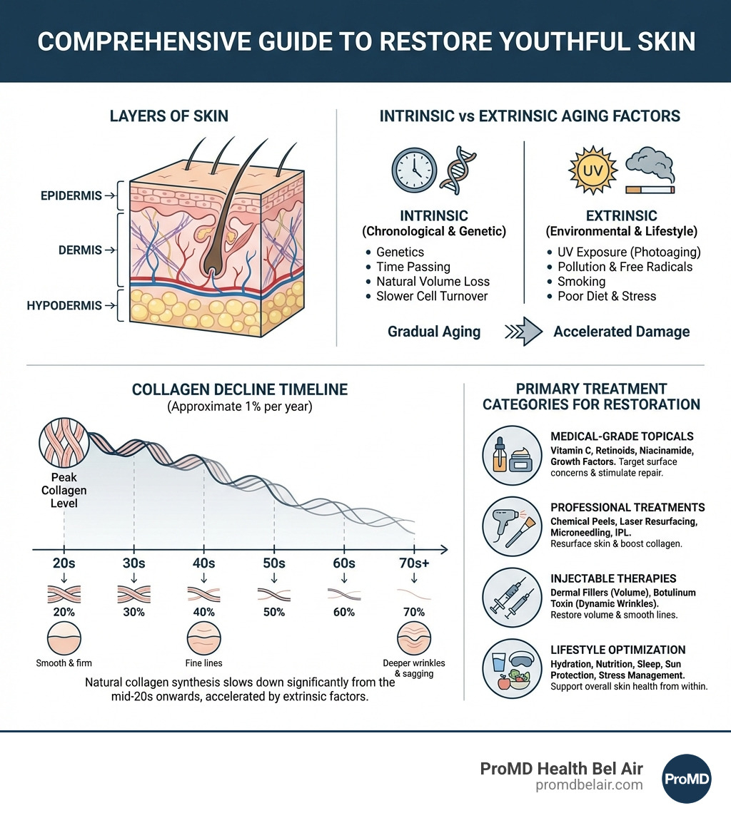 Comprehensive guide showing the layers of skin, intrinsic vs extrinsic aging factors, collagen decline timeline by decade, and primary treatment categories for skin restoration - restore youthful skin infographic Comprehensive guide showing the layers of skin, intrinsic vs extrinsic aging factors, collagen decline timeline by decade, and primary treatment categories for skin restoration - restore youthful skin infographic