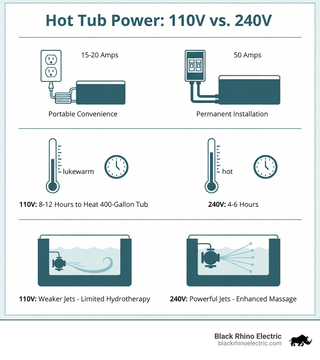 infographic comparing 110V and 240V power differences including heating times and jet performance - Hot tub power supply infographic 
