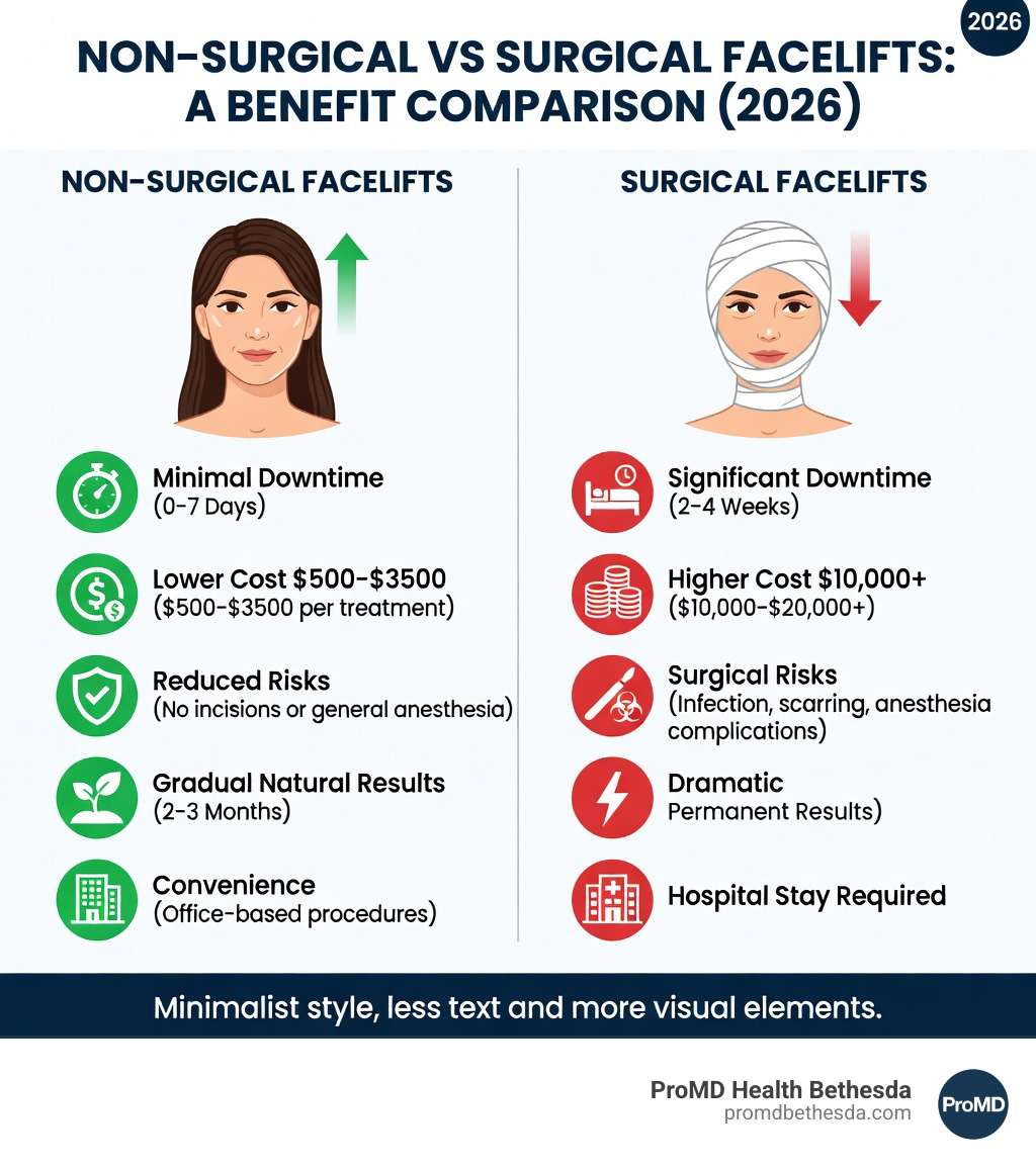 Infographic comparing benefits of non-surgical vs surgical facelifts: non-surgical shows minimal downtime (0-7 days), lower cost ($500-$3500 per treatment), reduced risks (no incisions or general anesthesia), gradual natural results (2-3 months), and convenience (office-based procedures); surgical shows significant downtime (2-4 weeks), higher cost ($10,000-$20,000+), surgical risks (infection, scarring, anesthesia complications), dramatic permanent results, and hospital stay required - non surgical facelift alternatives infographic 