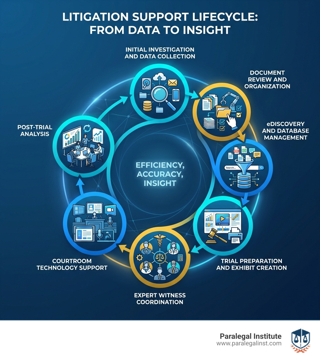 Infographic showing the litigation support lifecycle: Initial Investigation and Data Collection → Document Review and Organization → eDiscovery and Database Management → Trial Preparation and Exhibit Creation → Expert Witness Coordination → Courtroom Technology Support → Post-Trial Analysis - litigation support infographic Infographic showing the litigation support lifecycle: Initial Investigation and Data Collection → Document Review and Organization → eDiscovery and Database Management → Trial Preparation and Exhibit Creation → Expert Witness Coordination → Courtroom Technology Support → Post-Trial Analysis - litigation support infographic