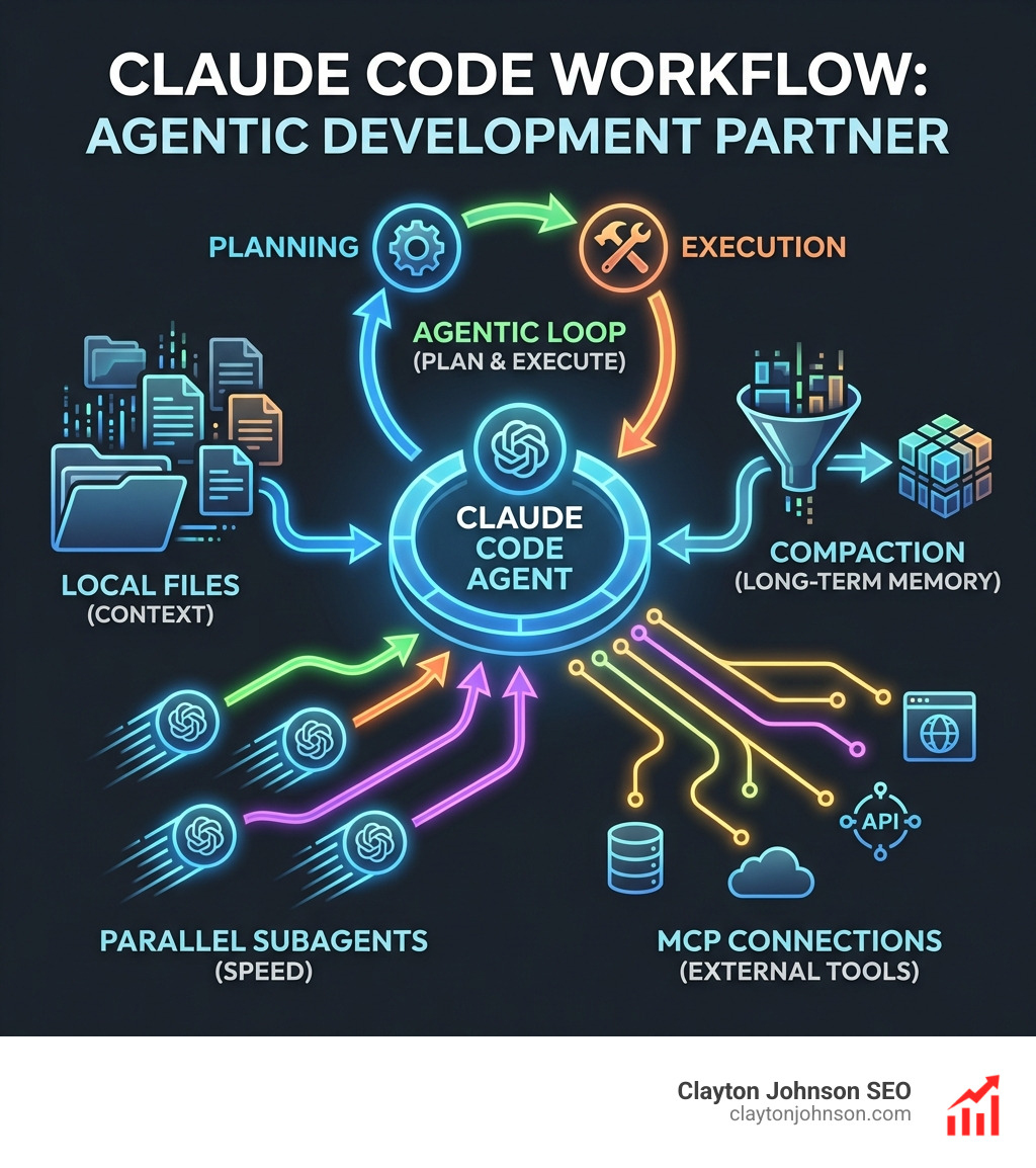 infographic showing Claude Code workflow: local files as context, agentic loop with planning and execution, compaction for long-term memory, parallel subagents for speed, and MCP connections to external tools - Why choose Claude coding infographic 