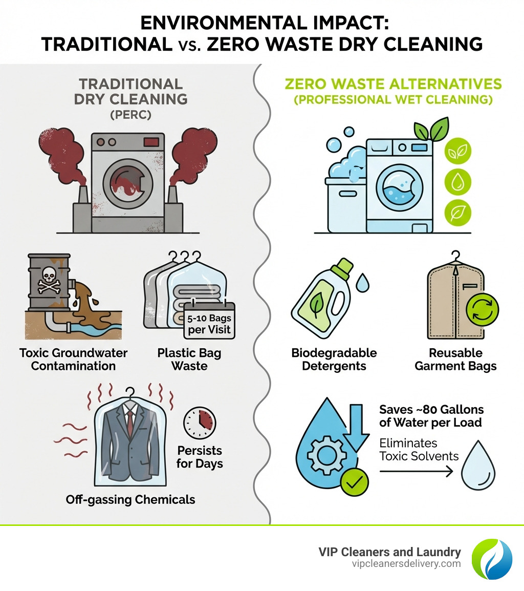 Infographic showing the environmental impact of traditional dry cleaning versus zero waste alternatives: PERC dry cleaning produces toxic groundwater contamination, plastic bag waste averaging 5-10 bags per visit, and off-gassing chemicals that persist for days; zero waste alternatives like professional wet cleaning use biodegradable detergents, reusable garment bags, and water-based processes that eliminate toxic solvents while saving 80 gallons of water per load - Zero waste dry cleaning infographic 