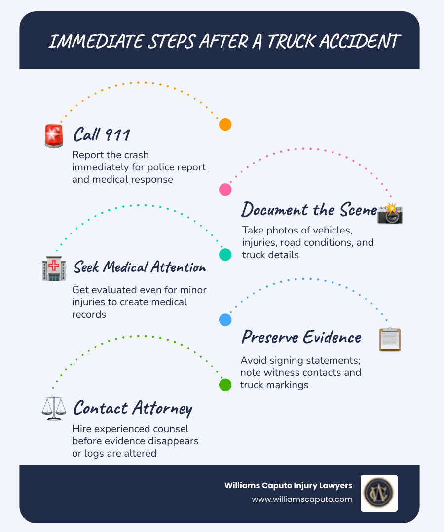 infographic showing immediate steps after truck accident in Midland including calling 911, documenting scene, seeking medical attention, preserving evidence, and contacting attorney - truck accident attorney Midland infographic infographic-line-5-steps-blues-accent_colors