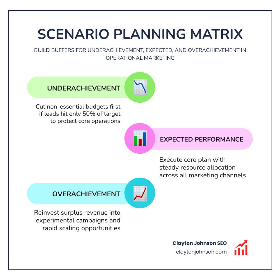 infographic of a scenario planning matrix showing different paths for low, expected, and high performance - Operational Systems & Marketing Mix infographic infographic-line-3-steps-colors infographic of a scenario planning matrix showing different paths for low, expected, and high performance - Operational Systems & Marketing Mix infographic infographic-line-3-steps-colors