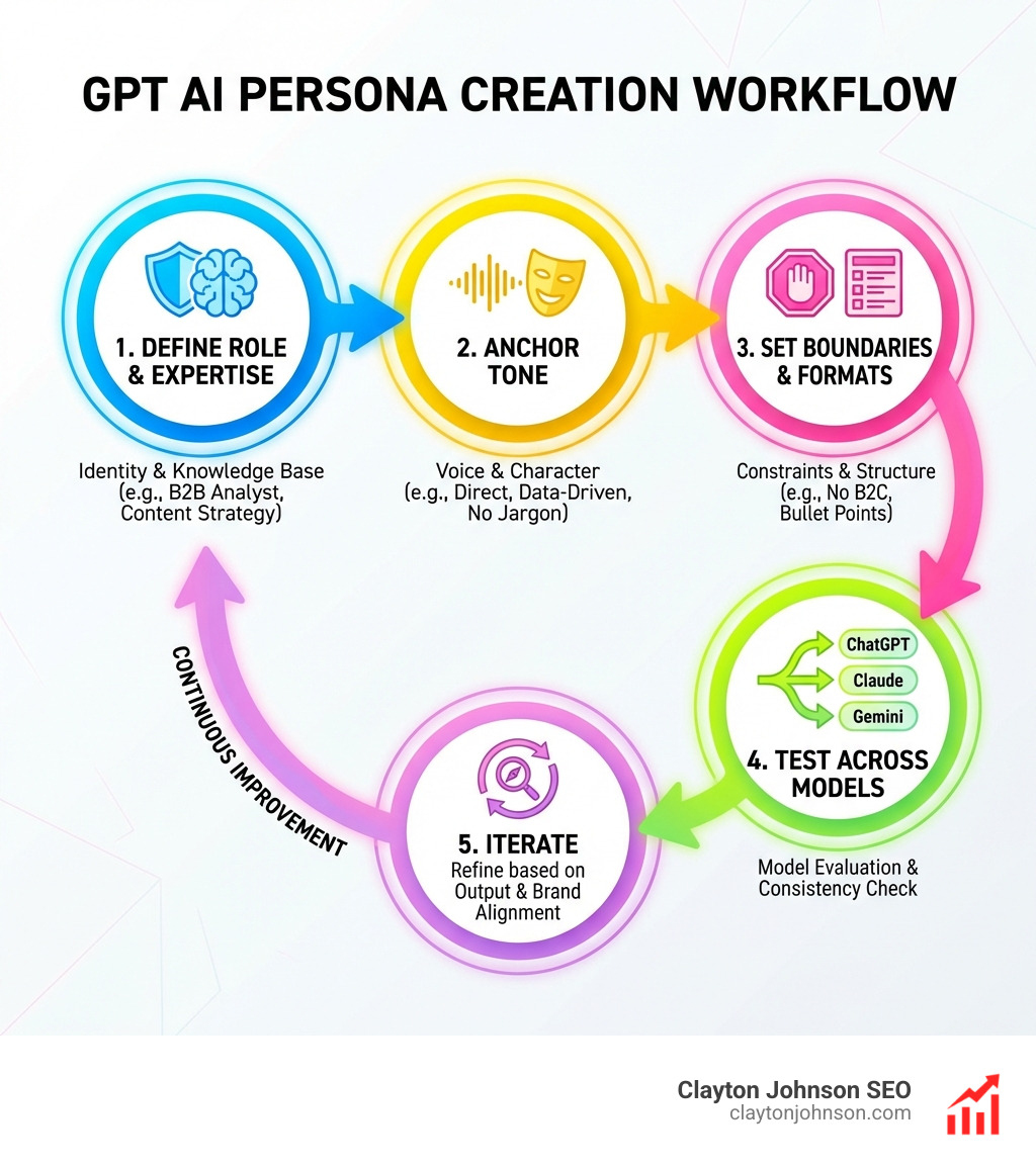 Step-by-step workflow for creating GPT AI personas: 1) Define role and expertise, 2) Anchor tone with examples or character references, 3) Set clear boundaries and response formats, 4) Test across models (ChatGPT, Claude, Gemini), 5) Iterate based on output quality and brand alignment - gpt ai persona prompts infographic 