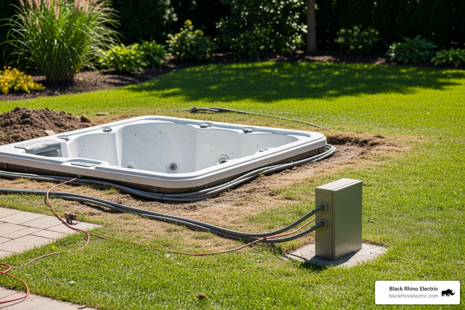 luxury backyard hot tub installation being prepared for electrical hookup - Hot tub power supply