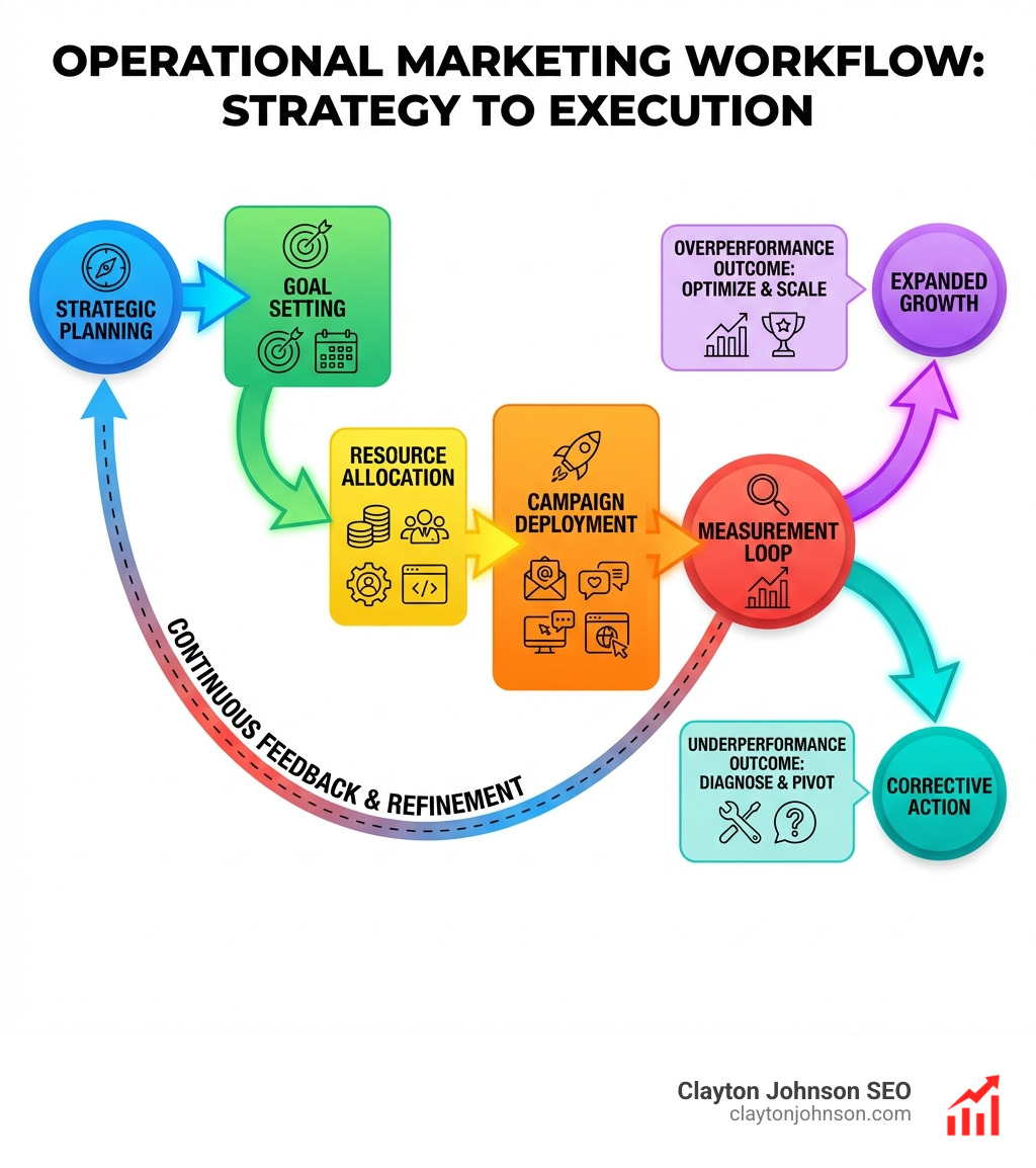 infographic showing the operational marketing workflow from strategic planning through tactical execution, including goal setting, resource allocation, campaign deployment, measurement loops, and scenario planning branches for underperformance and overperformance outcomes - Operational Systems & Marketing Mix infographic infographic showing the operational marketing workflow from strategic planning through tactical execution, including goal setting, resource allocation, campaign deployment, measurement loops, and scenario planning branches for underperformance and overperformance outcomes - Operational Systems & Marketing Mix infographic