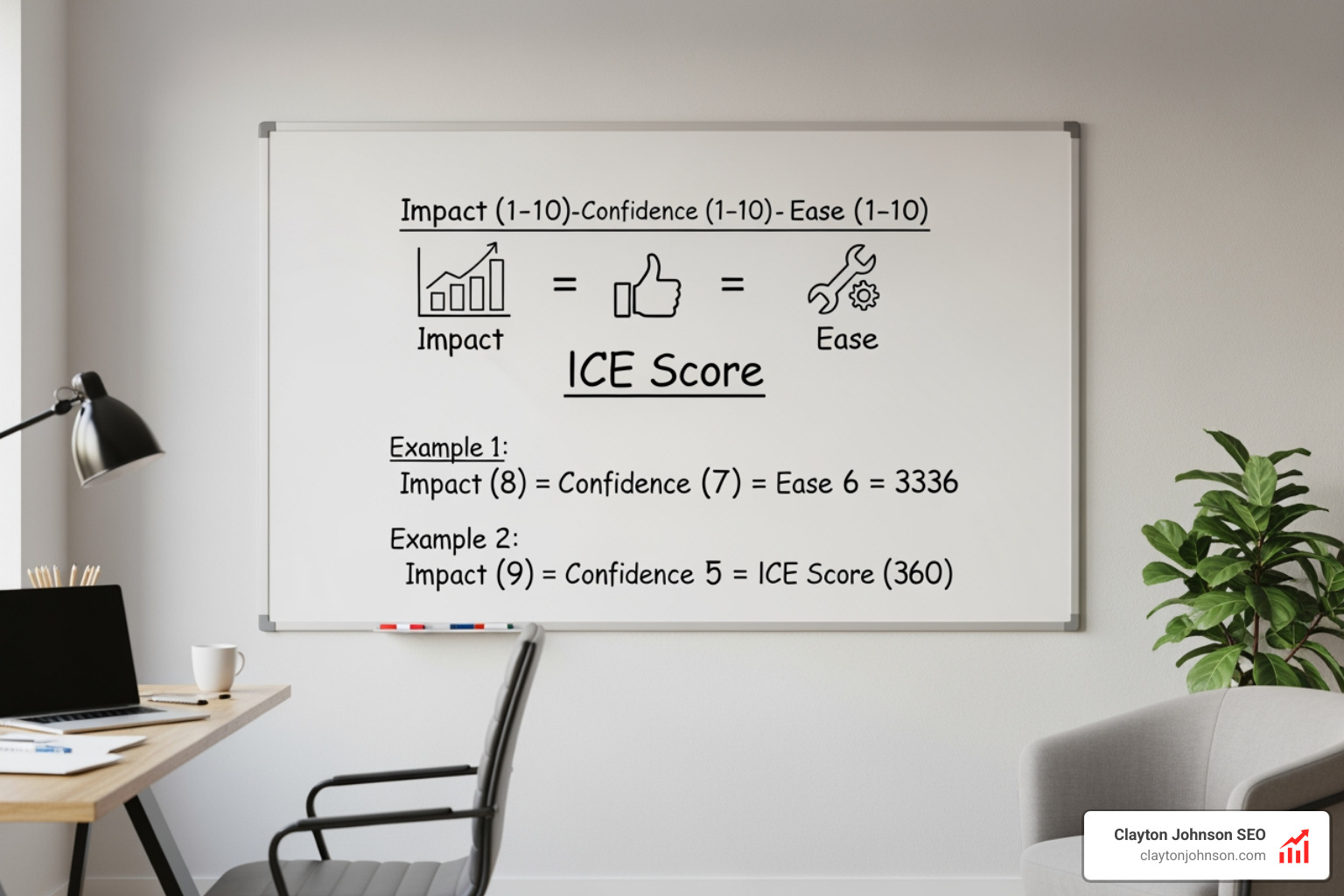 ICE scoring calculation showing Impact x Confidence x Ease formula - ice prioritization marketing backlogs ICE scoring calculation showing Impact x Confidence x Ease formula - ice prioritization marketing backlogs