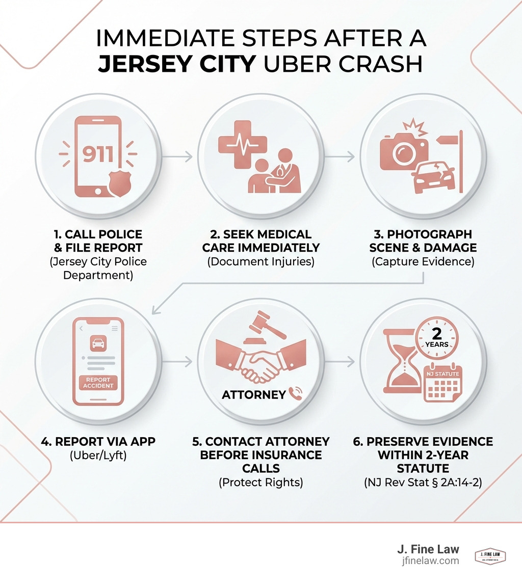 infographic showing immediate steps after Jersey City Uber crash: call police, get medical care, photograph scene, report via app, contact attorney before insurance calls, preserve evidence within 2-year statute - jersey city uber accident lawyers infographic infographic showing immediate steps after Jersey City Uber crash: call police, get medical care, photograph scene, report via app, contact attorney before insurance calls, preserve evidence within 2-year statute - jersey city uber accident lawyers infographic
