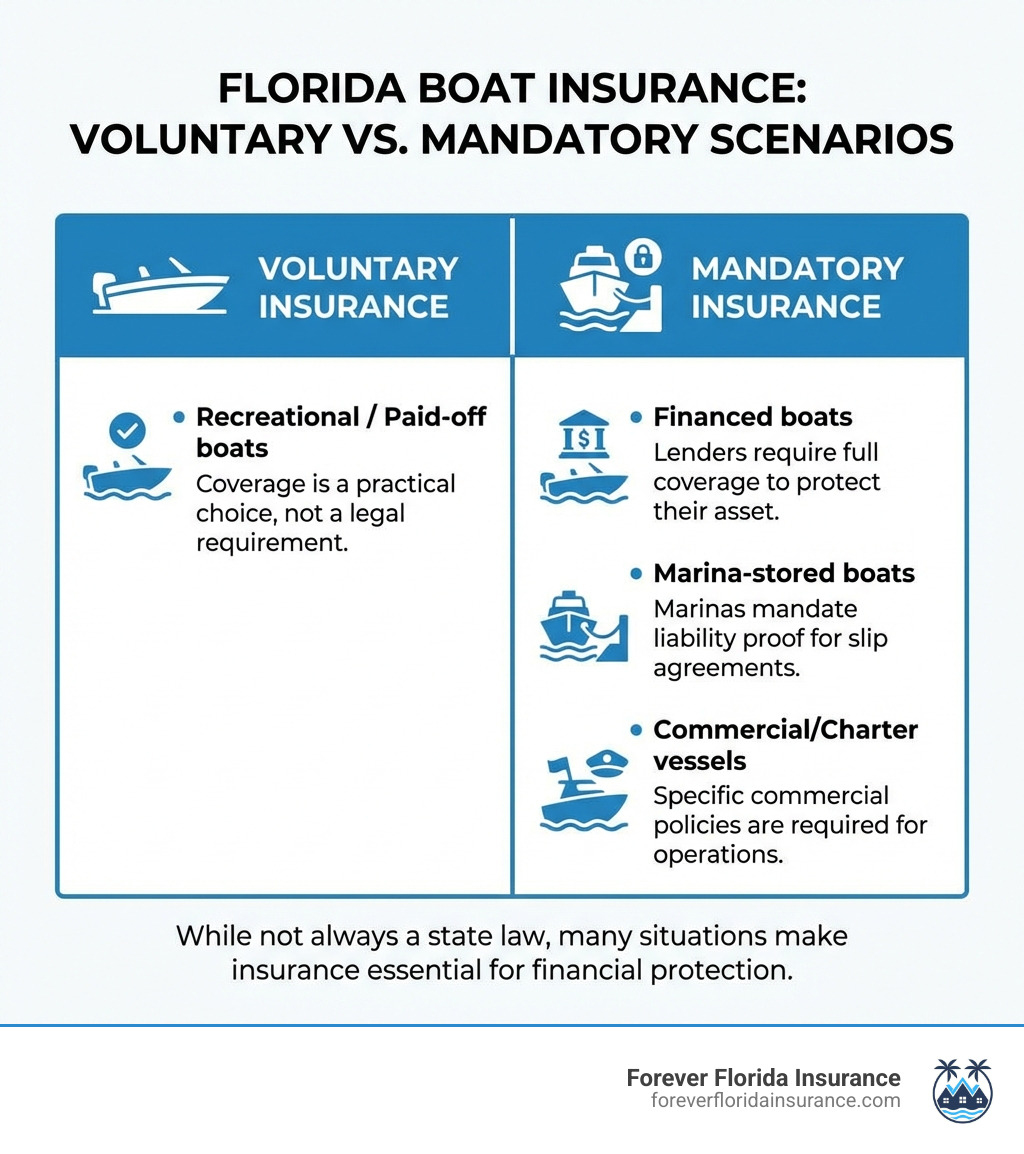 Table comparing voluntary vs. mandatory insurance scenarios: Recreational/Paid-off boats are voluntary; Financed boats, Marina-stored boats, and Commercial/Charter vessels are mandatory. - does florida require boat insurance infographic Table comparing voluntary vs. mandatory insurance scenarios: Recreational/Paid-off boats are voluntary; Financed boats, Marina-stored boats, and Commercial/Charter vessels are mandatory. - does florida require boat insurance infographic