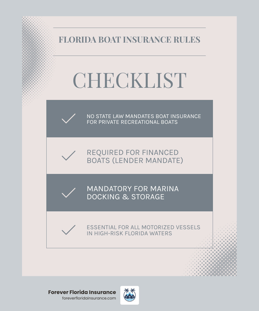 infographic showing Florida boat insurance requirements: voluntary by law, mandatory for financed boats and marina docking, recommended for all motorized vessels, with Florida accident statistics and coverage types - does florida require boat insurance infographic checklist-light-blue-grey infographic showing Florida boat insurance requirements: voluntary by law, mandatory for financed boats and marina docking, recommended for all motorized vessels, with Florida accident statistics and coverage types - does florida require boat insurance infographic checklist-light-blue-grey