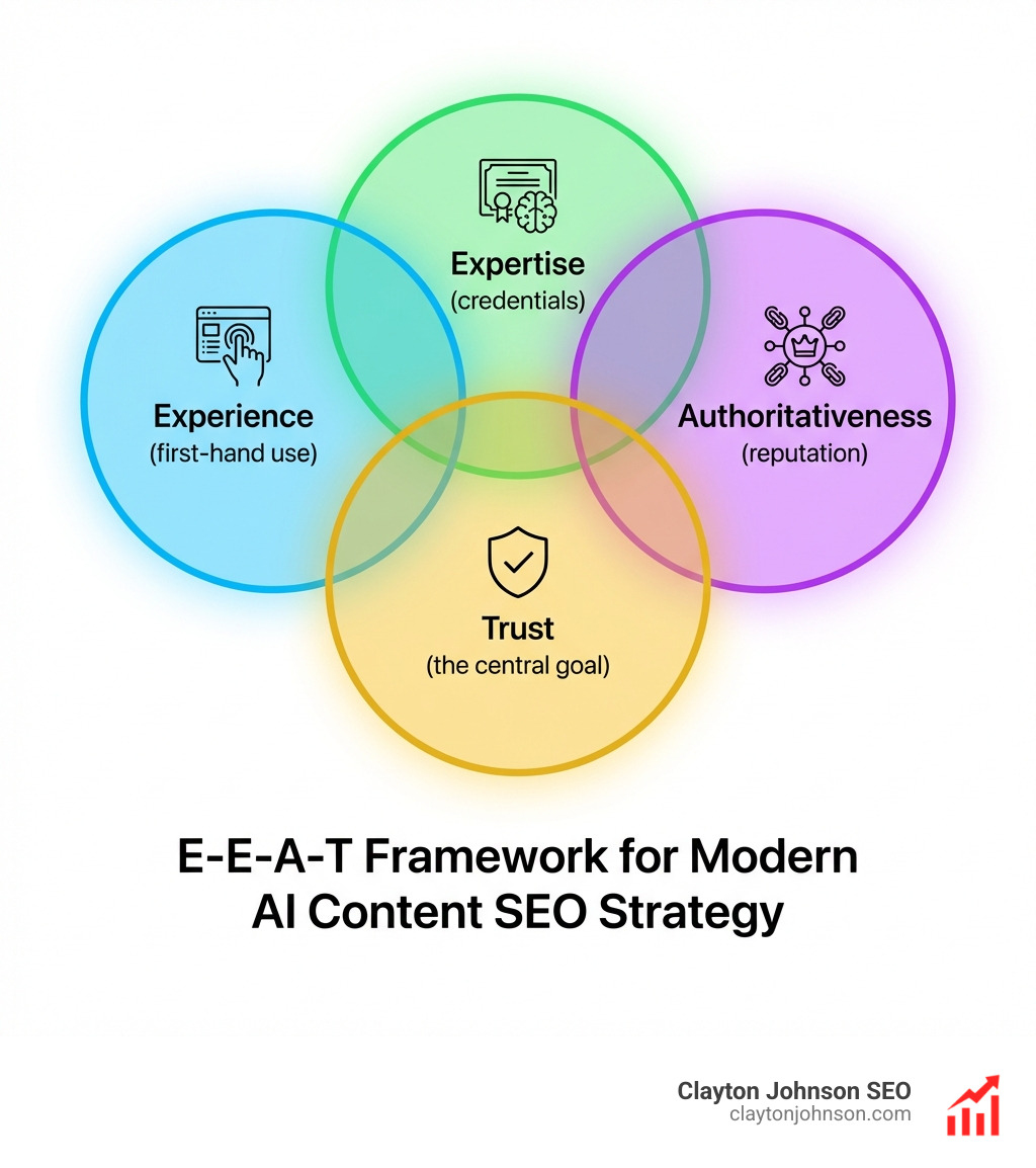 Infographic of the E-E-A-T framework showing four overlapping circles: Experience (first-hand use), Expertise (credentials), Authoritativeness (reputation), and Trust (the central goal) - AI content SEO strategy infographic 