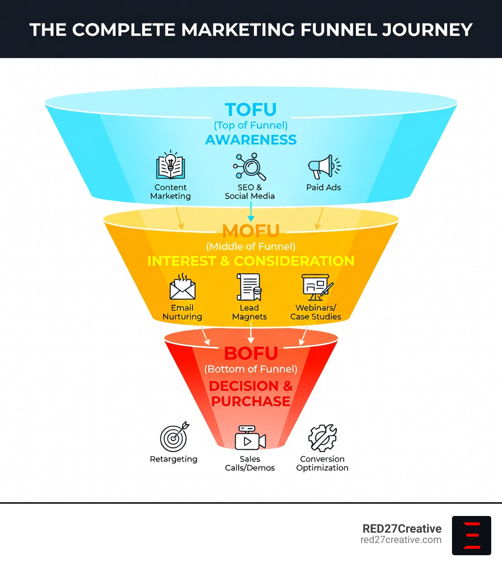 Infographic showing the complete marketing funnel from awareness (TOFU) through interest and consideration (MOFU) to decision and purchase (BOFU), with corresponding strategies including content marketing, email nurturing, retargeting, and conversion optimization at each stage - Funnel mapping services infographic Infographic showing the complete marketing funnel from awareness (TOFU) through interest and consideration (MOFU) to decision and purchase (BOFU), with corresponding strategies including content marketing, email nurturing, retargeting, and conversion optimization at each stage - Funnel mapping services infographic