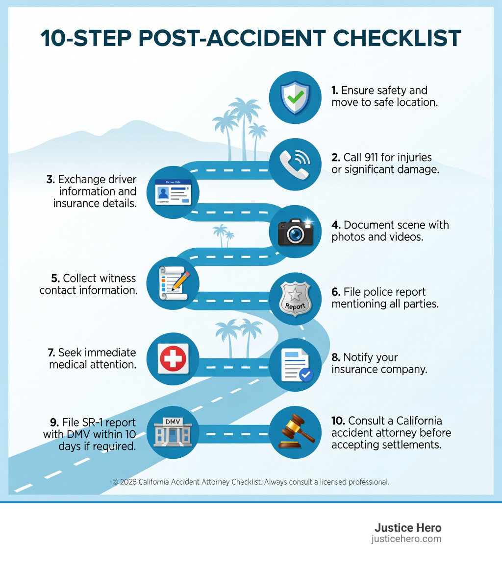 Infographic showing the 10-step post-accident checklist: 1. Ensure safety and move to safe location, 2. Call 911 for injuries or significant damage, 3. Exchange driver information and insurance details, 4. Document scene with photos and videos, 5. Collect witness contact information, 6. File police report mentioning all parties, 7. Seek immediate medical attention, 8. Notify your insurance company, 9. File SR-1 report with DMV within 10 days if required, 10. Consult a California accident attorney before accepting settlements - California accident attorney infographic 