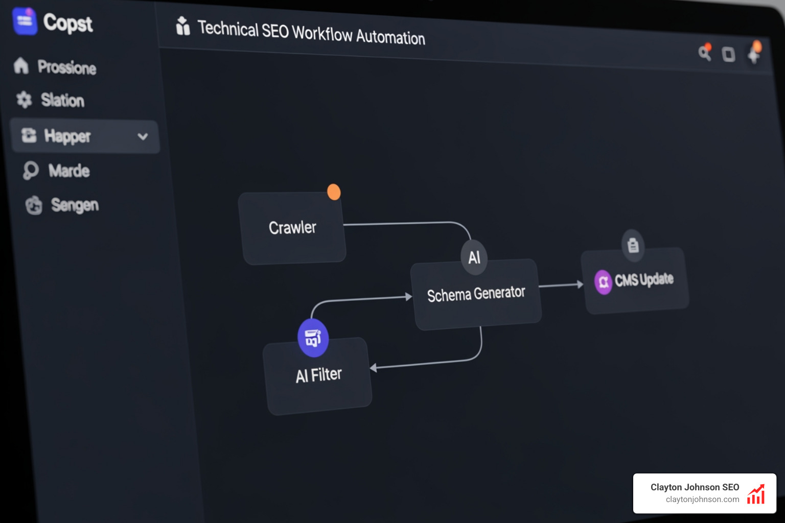 Workflow node diagram: Crawler → AI Filter → Schema Generator → CMS Update - SEO AI workflow automation Workflow node diagram: Crawler → AI Filter → Schema Generator → CMS Update - SEO AI workflow automation