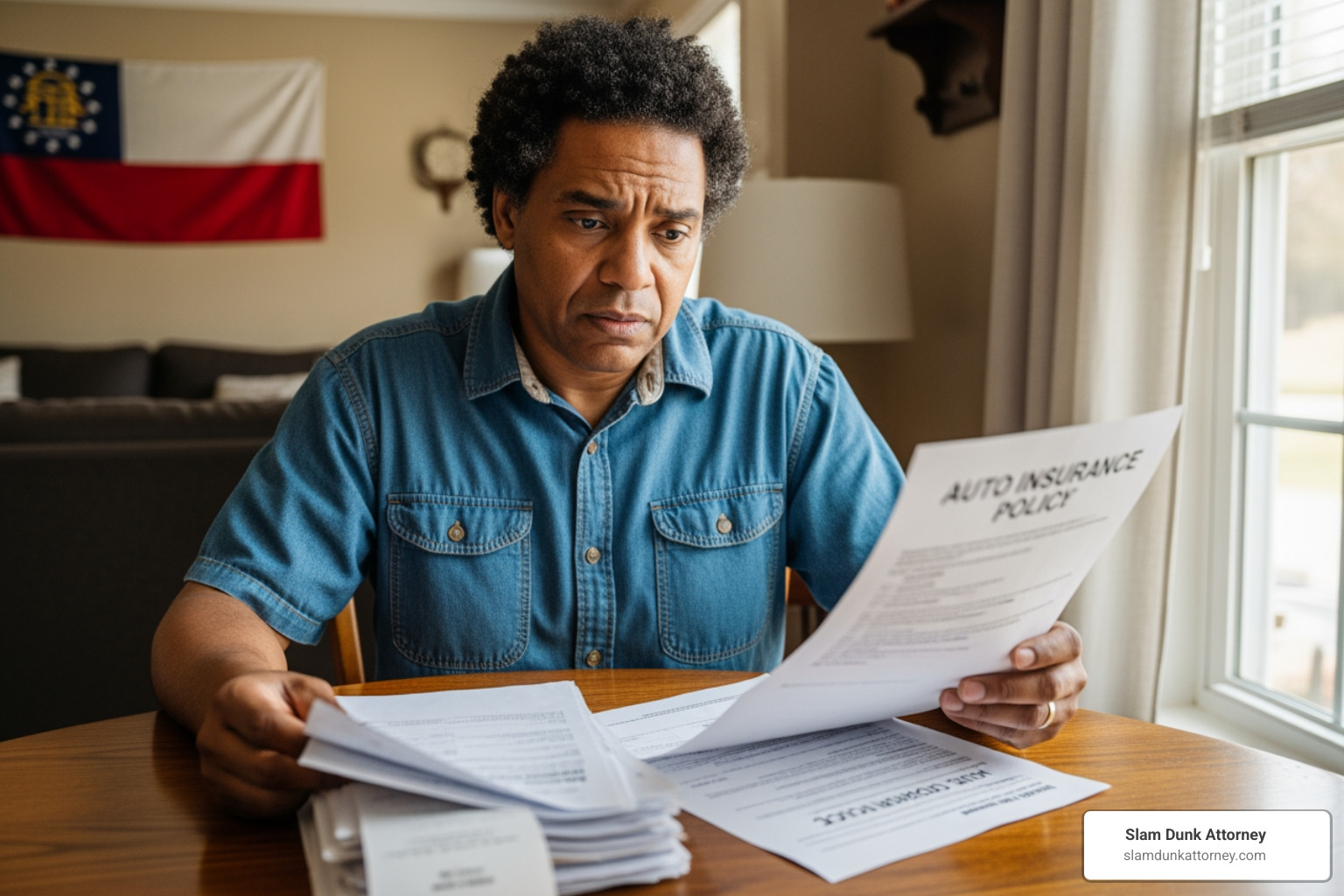 A person in Duluth, Georgia, sitting at a kitchen table looking concerned while reviewing a stack of medical bills and their auto insurance policy - what is medical payments coverage in car insurance