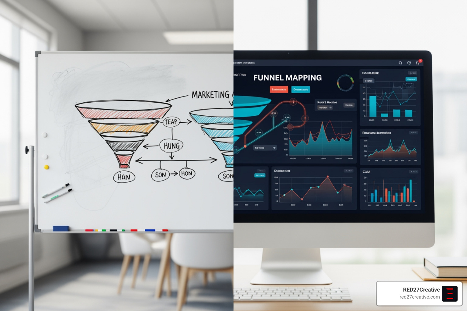 Comparison between a hand-drawn funnel map on a whiteboard and a professional digital funnel mapping interface with real-time data overlays. - Funnel mapping services Comparison between a hand-drawn funnel map on a whiteboard and a professional digital funnel mapping interface with real-time data overlays. - Funnel mapping services