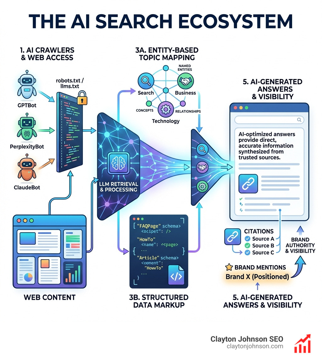 Detailed infographic showing the AI search ecosystem: AI crawlers (GPTBot, PerplexityBot, ClaudeBot) accessing web content through robots.txt, content being processed through LLM retrieval systems, entity-based topic mapping, structured data markup, and final synthesis into AI-generated answers with citations and brand mentions - AI SEO positioning guide infographic 