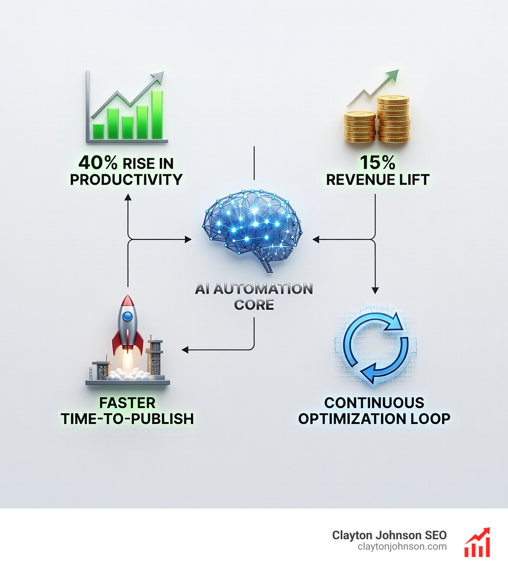 Stats: 40% rise in productivity and 15% revenue lift from AI automation - SEO AI workflow automation infographic Stats: 40% rise in productivity and 15% revenue lift from AI automation - SEO AI workflow automation infographic