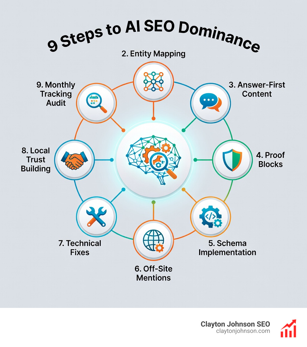 Infographic summarizing the 9 steps to AI SEO dominance: baseline audit, entity mapping, answer-first content, proof blocks, schema implementation, off-site mentions, technical fixes, local trust building, and monthly tracking - AI SEO positioning guide infographic 