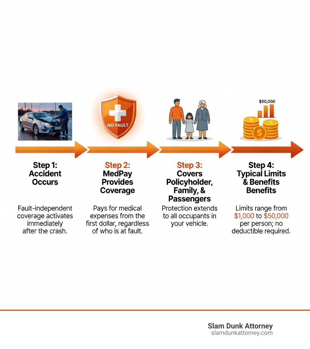 infographic showing how MedPay provides immediate coverage for medical expenses after a Georgia car accident, covering the policyholder, family members, and passengers regardless of fault, with no deductible and typical limits ranging from $1,000 to $50,000 - what is medical payments coverage in car insurance infographic 