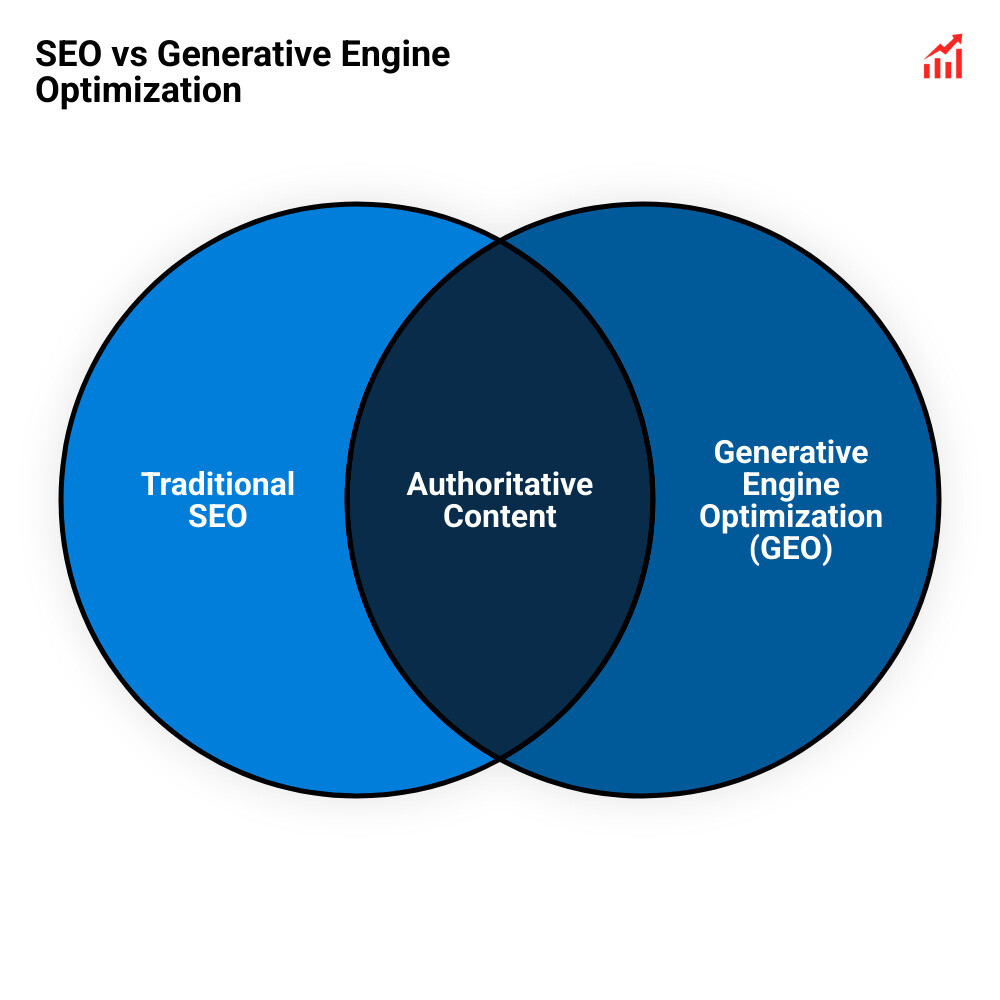 Infographic comparing traditional SEO (keyword focus, blue links, click-through rates) with Generative Engine Optimization (ecosystem focus, conversational answers, authoritative citations) - digital marketing insights infographic venn_diagram