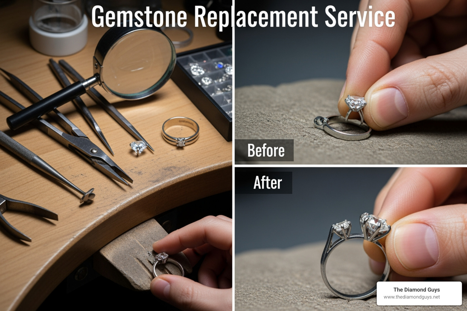 A master jeweler using a loupe to inspect a sapphire for chips and setting integrity - Gemstone replacement service