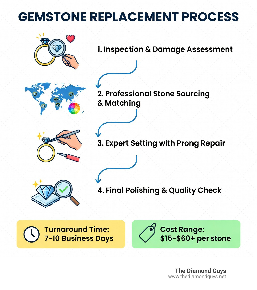 Infographic showing the gemstone replacement process: inspection and damage assessment, professional stone sourcing and matching, expert setting with prong repair, final polishing and quality check, with turnaround times of 7-10 business days and cost ranges from $15-$60+ per stone - Gemstone replacement service infographic 