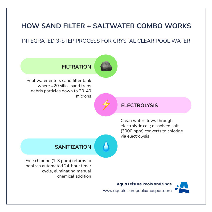 Infographic showing the integrated process: pool water enters sand filter tank where silica sand traps debris particles 20-40 microns in size, then filtered water flows through electrolytic cell where dissolved salt converts to sodium hypochlorite via electrolysis at 3000 ppm concentration, finally sanitized water returns to pool with automated 24-hour timer controlling the cycle, eliminating manual chlorine addition while maintaining 1-3 ppm free chlorine levels - sand filter and saltwater system combo infographic infographic-line-3-steps-colors