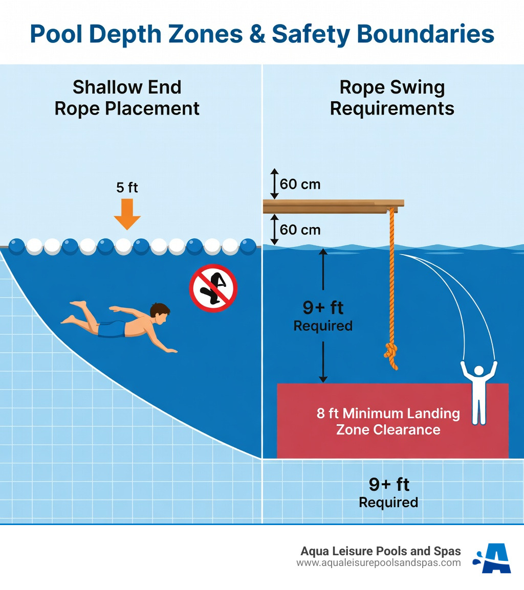 Infographic showing pool depth zones with shallow end rope placement at 5-foot depth transition, rope swing requirements at 9+ feet depth, and proper landing zone clearances with visual markers for safe swimming boundaries - shallow end rope infographic 