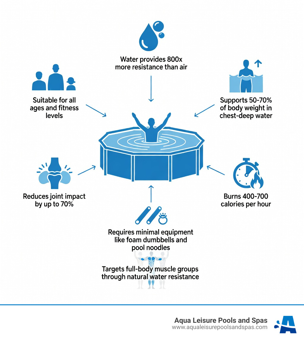 Infographic showing benefits of above ground pool exercise: water provides 800x more resistance than air, supports 50-70% of body weight in chest-deep water, burns 400-700 calories per hour, reduces joint impact by up to 70%, suitable for all ages and fitness levels, requires minimal equipment like foam dumbbells and pool noodles, targets full-body muscle groups through natural water resistance - above ground pool exercise infographic 