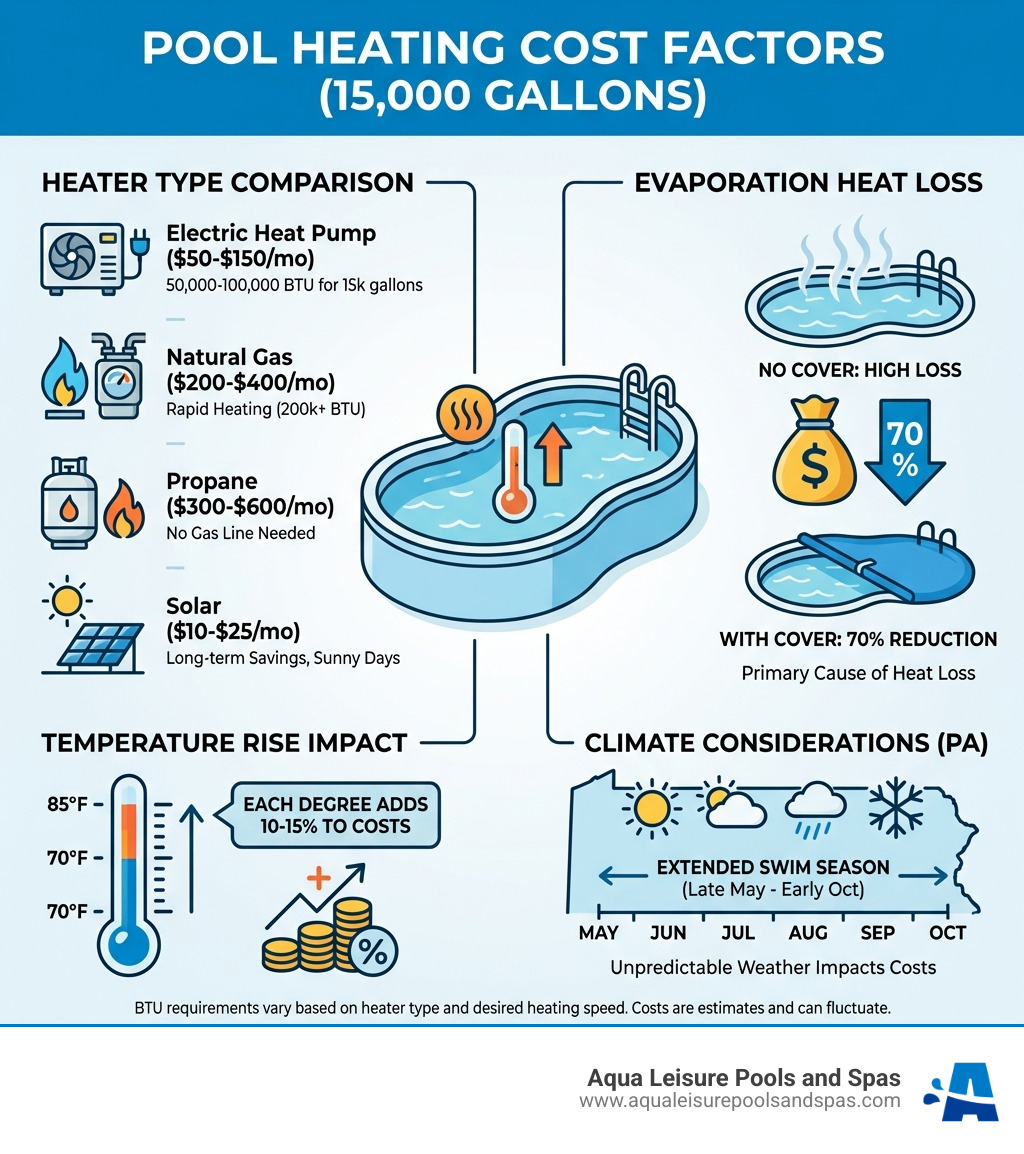 Infographic showing pool heating cost factors: heater type comparison with BTU requirements (50,000-100,000 BTU for 15k gallons), evaporation heat loss (70% reduction with covers), temperature rise impact (each degree adds 10-15% to costs), and climate considerations for Pennsylvania pools - cost to heat a 15000 gallon pool infographic Infographic showing pool heating cost factors: heater type comparison with BTU requirements (50,000-100,000 BTU for 15k gallons), evaporation heat loss (70% reduction with covers), temperature rise impact (each degree adds 10-15% to costs), and climate considerations for Pennsylvania pools - cost to heat a 15000 gallon pool infographic