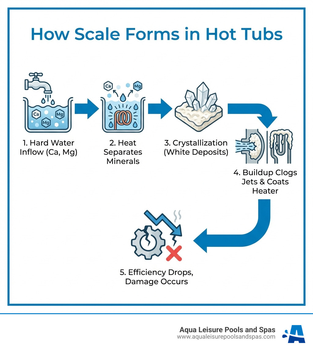Infographic showing how scale forms in hot tubs: hard water enters spa → heat causes calcium and magnesium to separate from water → minerals crystallize on surfaces as white deposits → buildup clogs jets and coats heating elements → equipment efficiency drops and damage occurs - hot tub descaler infographic 