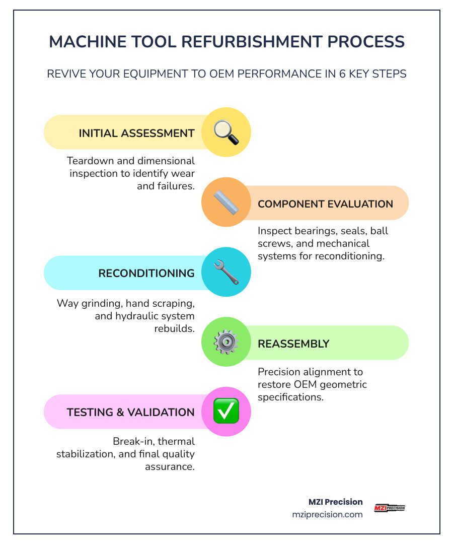 Infographic showing machine tool refurbishment process: 1) Initial assessment and teardown with dimensional inspection, 2) Component evaluation including bearings, seals, and ball screws, 3) Reconditioning with way grinding, hand scraping, and hydraulic rebuilds, 4) Reassembly with precision alignment to OEM specifications, 5) Break-in testing and thermal stabilization, 6) Final quality assurance and performance validation - machine tool refurbishment infographic infographic-line-5-steps-colors