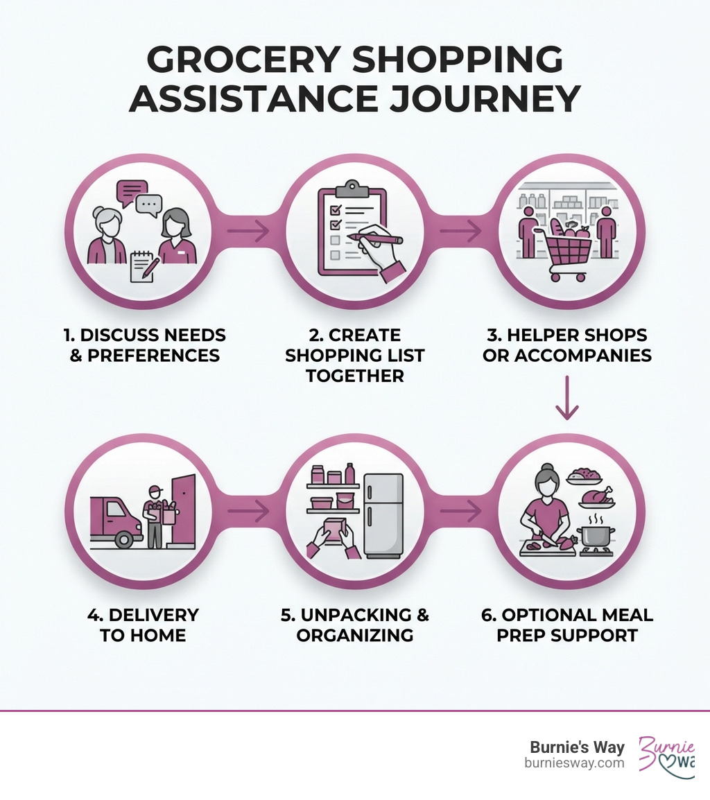 Infographic showing the grocery shopping assistance journey: 1. Discuss needs and preferences, 2. Create shopping list together, 3. Helper shops or accompanies to store, 4. Delivery to home, 5. Unpacking and organizing groceries, 6. Optional meal prep support - grocery shopping assistance infographic 
