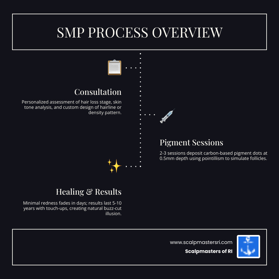 Infographic showing the SMP process from consultation through multiple sessions to final healed results, including needle depth, pigment placement technique, healing timeline, and longevity of results with touch-up recommendations - smp for men infographic infographic-line-3-steps-dark Infographic showing the SMP process from consultation through multiple sessions to final healed results, including needle depth, pigment placement technique, healing timeline, and longevity of results with touch-up recommendations - smp for men infographic infographic-line-3-steps-dark