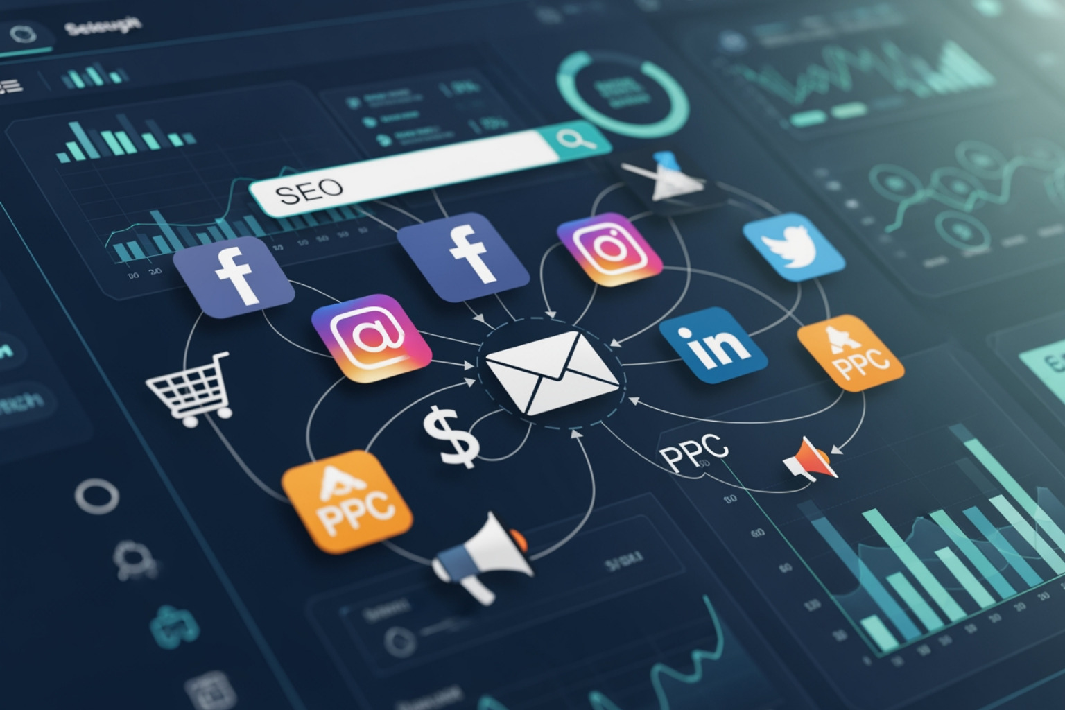 A diverse multi-channel marketing mix including SEO, social media, email, and PPC icons working together - digital campaign strategy