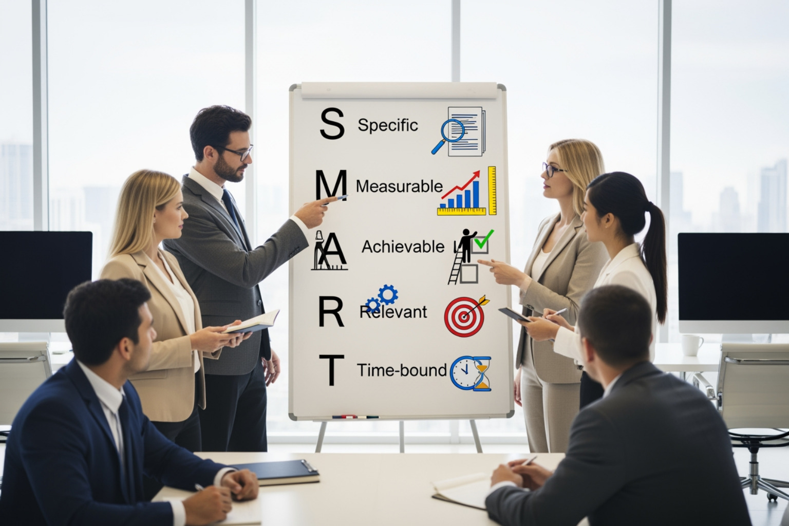 Visualizing SMART goal setting with icons for Specific, Measurable, Achievable, Relevant, and Time-bound criteria - digital campaign strategy