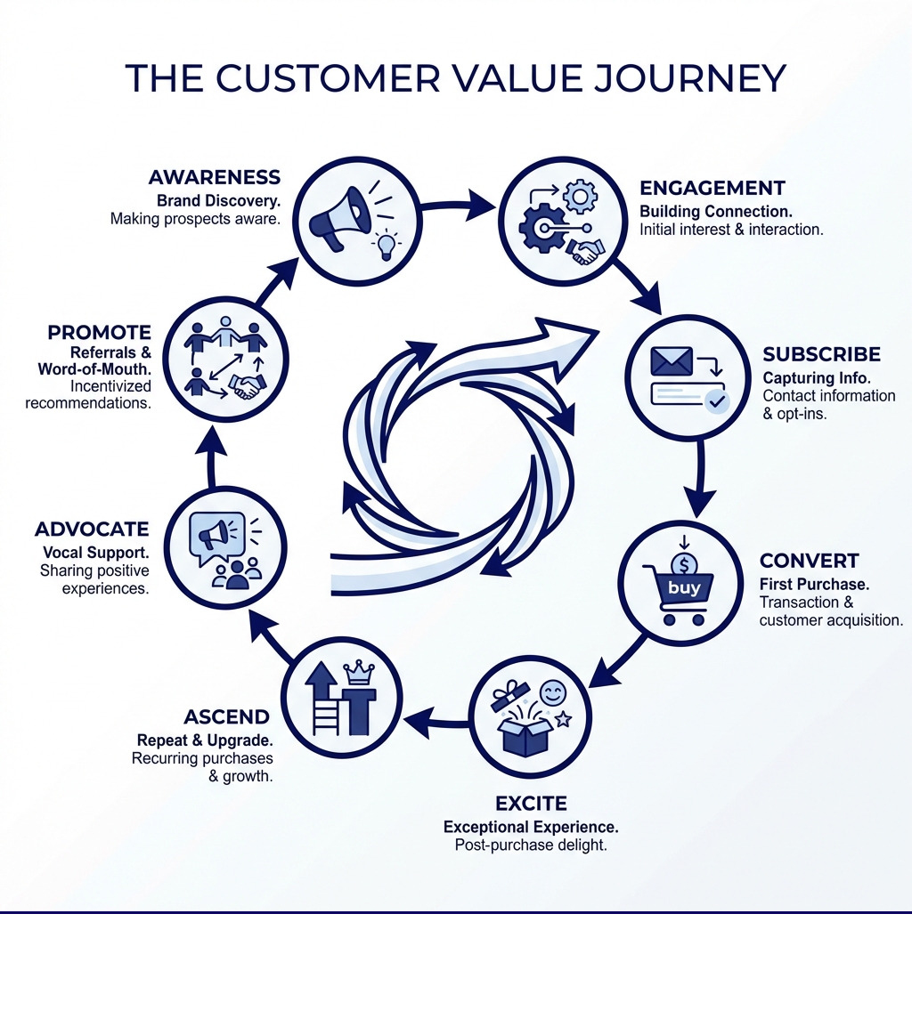 Infographic showing the 8 stages of the Customer Value Journey: Awareness (making prospects aware of your brand), Engagement (building initial interest and connection), Subscribe (capturing contact information), Convert (making the first purchase), Excite (delivering exceptional post-purchase experience), Ascend (encouraging repeat purchases and upgrades), Advocate (turning customers into vocal supporters), and Promote (incentivizing referrals and word-of-mouth marketing) - digital campaign strategy infographic 