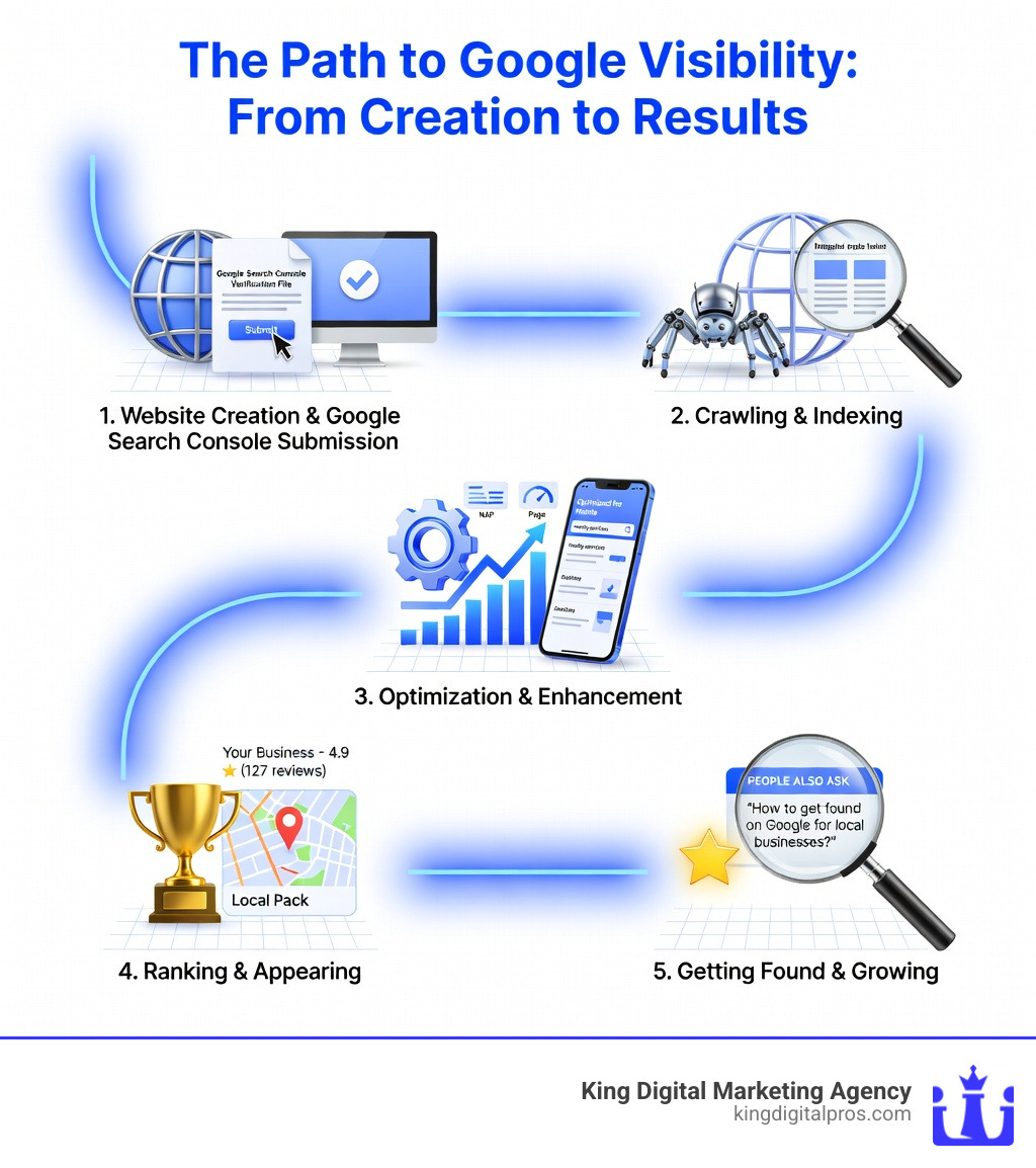 Detailed Process Showing How To Get Found On Google From Website Creation Through Google Search Console Submission, Indexing, Optimization, And Appearing In Search Results - Get Found On Google Infographic 