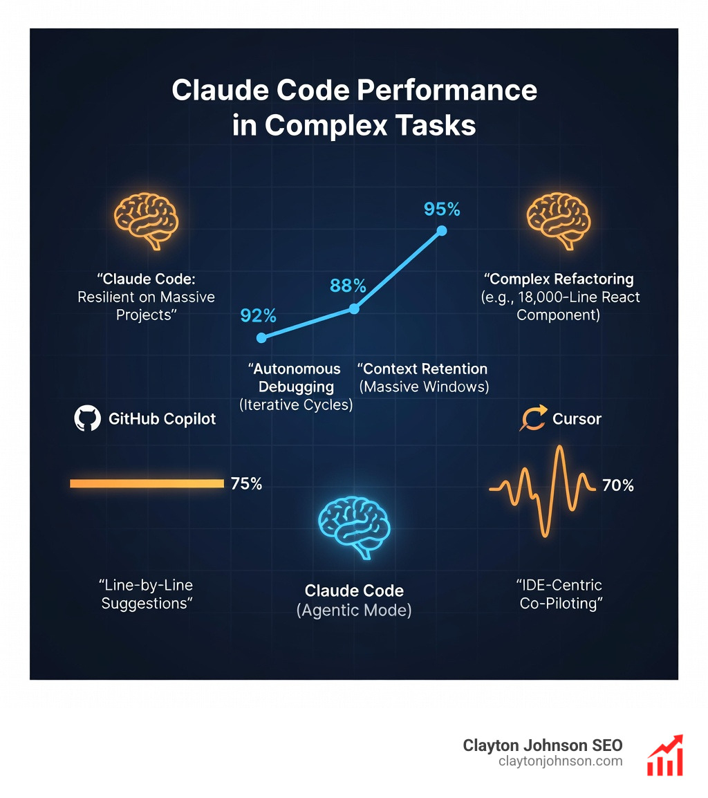 Graph showing Claude Code performance benchmarks compared to GitHub Copilot and Cursor in complex software engineering tasks - claude ai code completion infographic Graph showing Claude Code performance benchmarks compared to GitHub Copilot and Cursor in complex software engineering tasks - claude ai code completion infographic