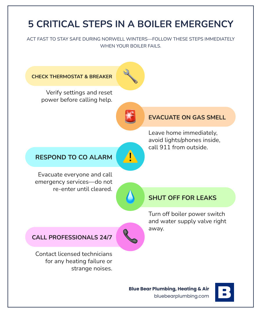 Infographic showing 5 critical steps during a Norwell boiler emergency: 1) Check thermostat and breaker first, 2) Never ignore gas smells—evacuate and call 911, 3) Respond immediately to CO alarms, 4) Shut off power and water if leaking, 5) Call licensed professionals 24/7 for any heating failure - boiler repair emergency in norwell, ma infographic infographic-line-5-steps-colors
