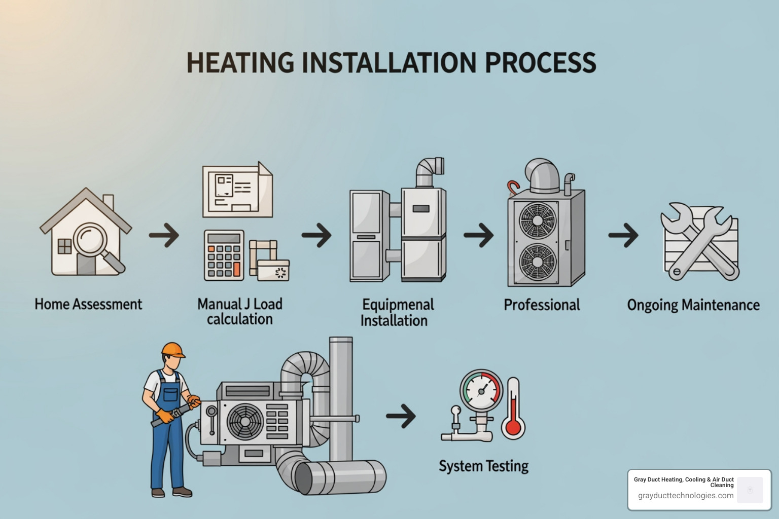 infographic showing heating installation process from assessment through load calculation, equipment selection, professional installation, testing, and ongoing maintenance - best heating installation in eden prairie, mn