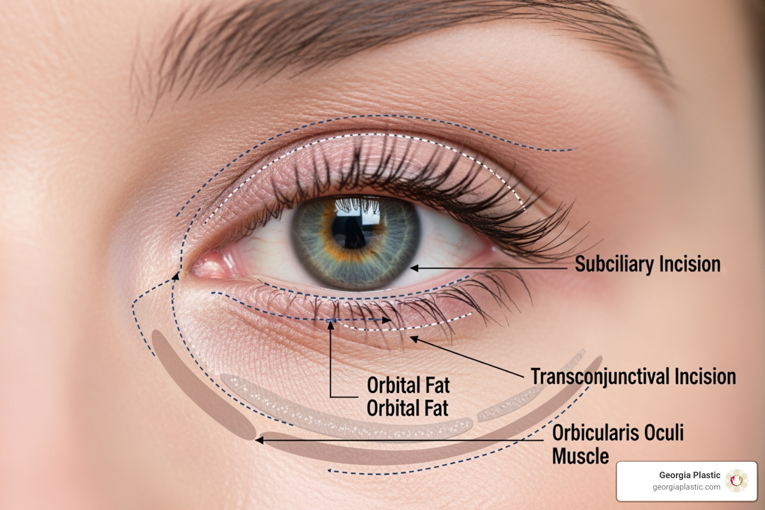 IMAGE illustrating incision placements for eyelid surgery including the subciliary line and internal transconjunctival locations - eye bag surgery IMAGE illustrating incision placements for eyelid surgery including the subciliary line and internal transconjunctival locations - eye bag surgery