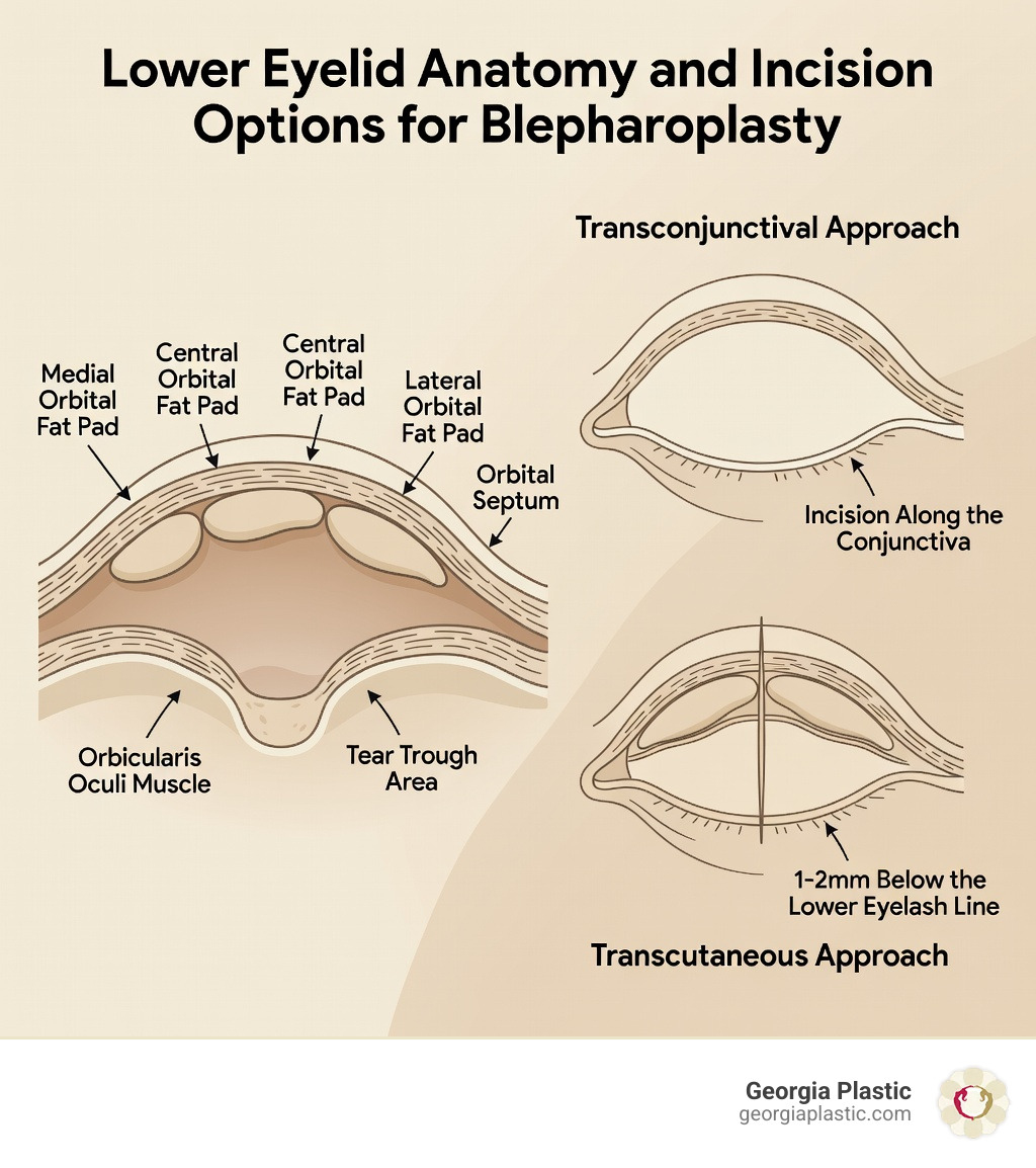 infographic showing lower eyelid anatomy including orbital fat pads, orbicularis muscle, natural fat compartments, tear trough area, and incision placement options for transconjunctival and transcutaneous approaches to eye bag surgery - eye bag surgery infographic infographic showing lower eyelid anatomy including orbital fat pads, orbicularis muscle, natural fat compartments, tear trough area, and incision placement options for transconjunctival and transcutaneous approaches to eye bag surgery - eye bag surgery infographic