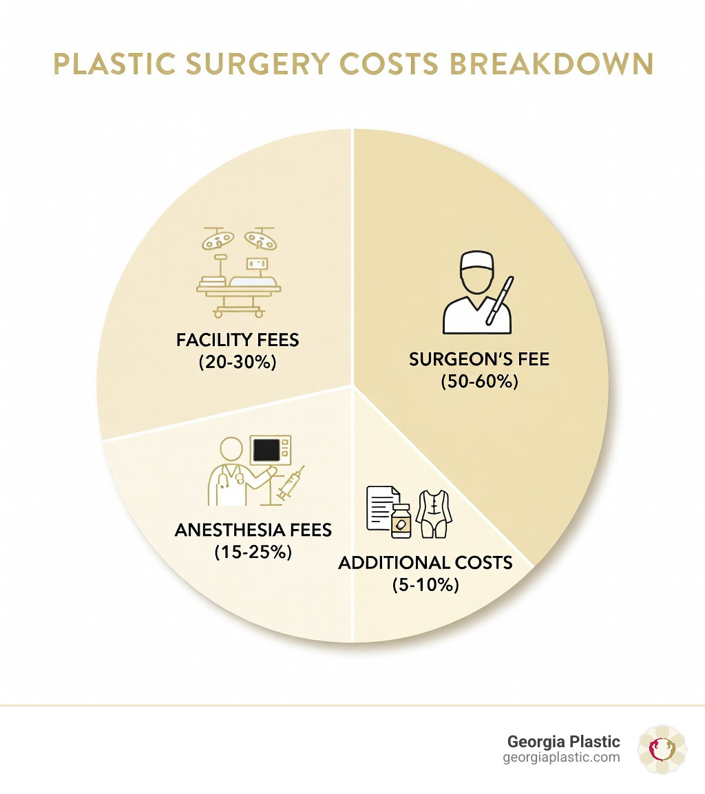 Infographic showing the complete breakdown of plastic surgery costs: surgeon's fee (typically 50-60% of total), facility fees including operating room and supplies (20-30%), anesthesia fees based on procedure duration and type (15-25%), and additional costs such as pre-operative tests, medications, post-surgical garments, and follow-up visits (5-10%) - anesthesia cost for plastic surgery infographic 