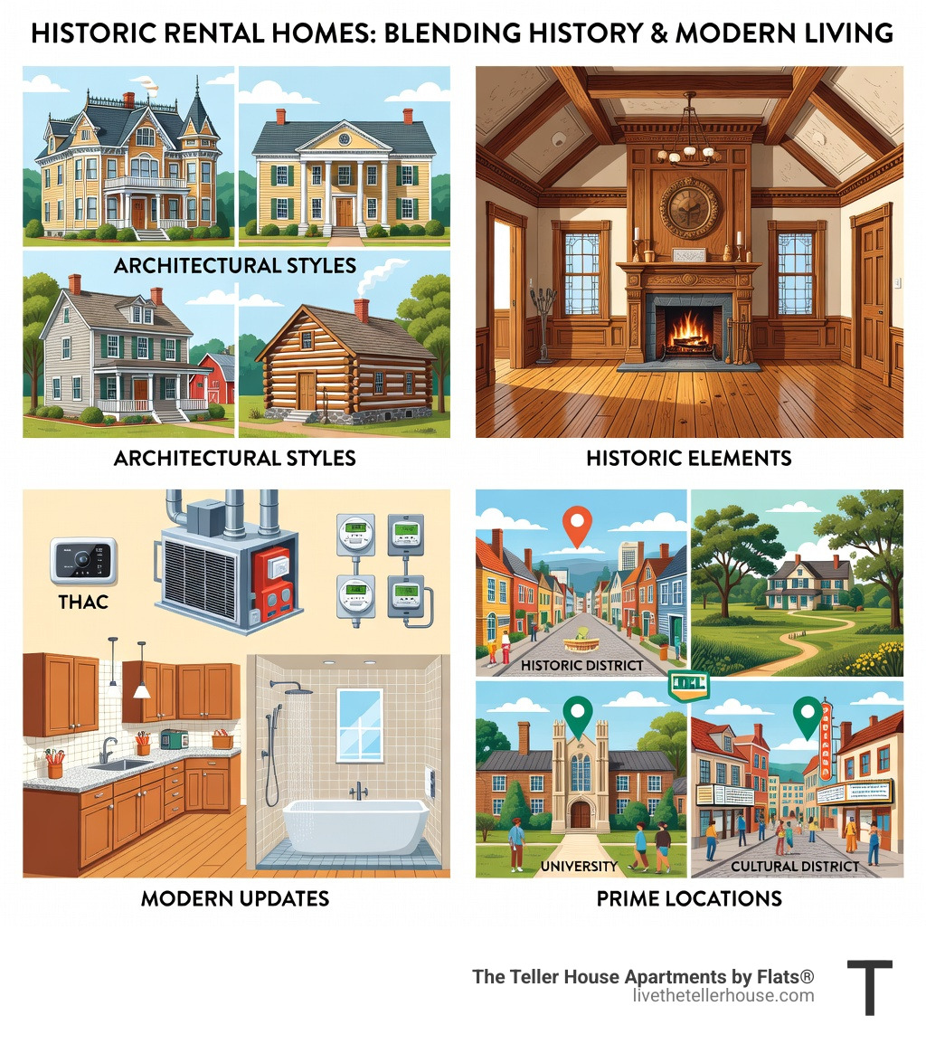 Infographic showing the key features of historic rental homes: architectural styles (Victorian, Colonial, Farmhouse, Log Cabin), typical historic elements (hardwood floors, fireplaces, high ceilings, original trim), modern updates (central HVAC, updated kitchens, modern bathrooms, separate utilities), and prime locations (urban historic districts, rural acreage, university neighborhoods, cultural districts) - old house for rent infographic 